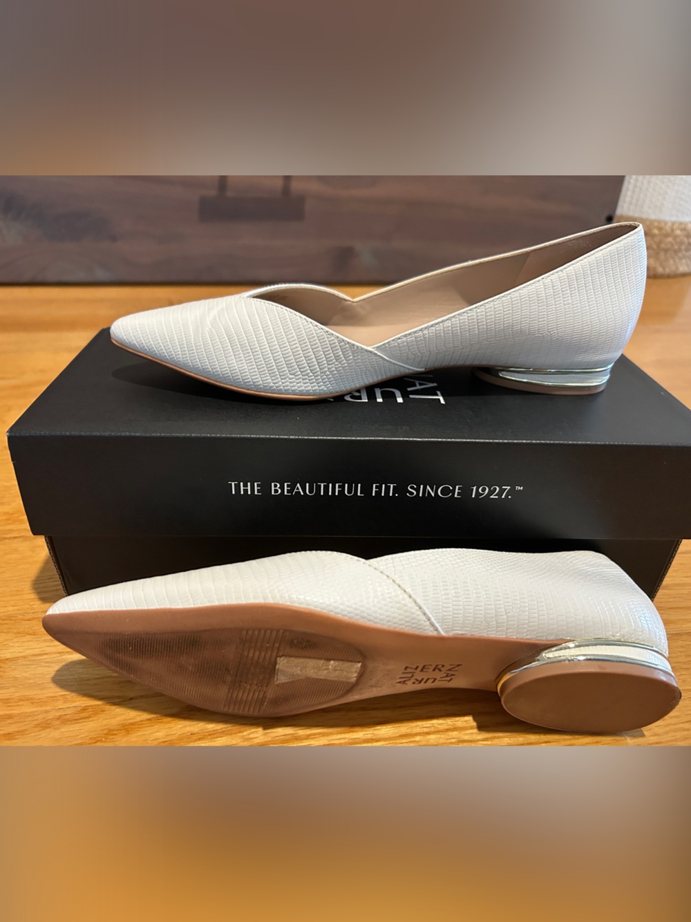 Naturalizer Havana Pointed-Toe Flats in Warm White Lizard-Texture